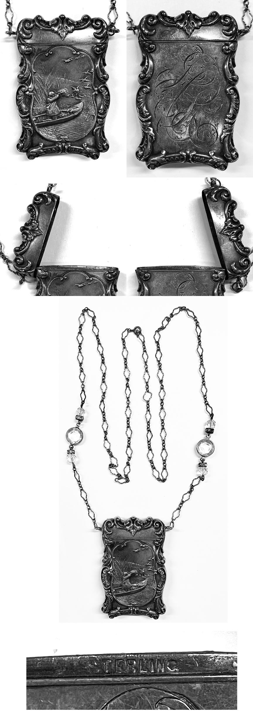 EXTREMELY RARE C.1895 DUCK HUNTER/PRAM STERLING SILVER MATCH SAFE W/WIDOW NECKLACE!