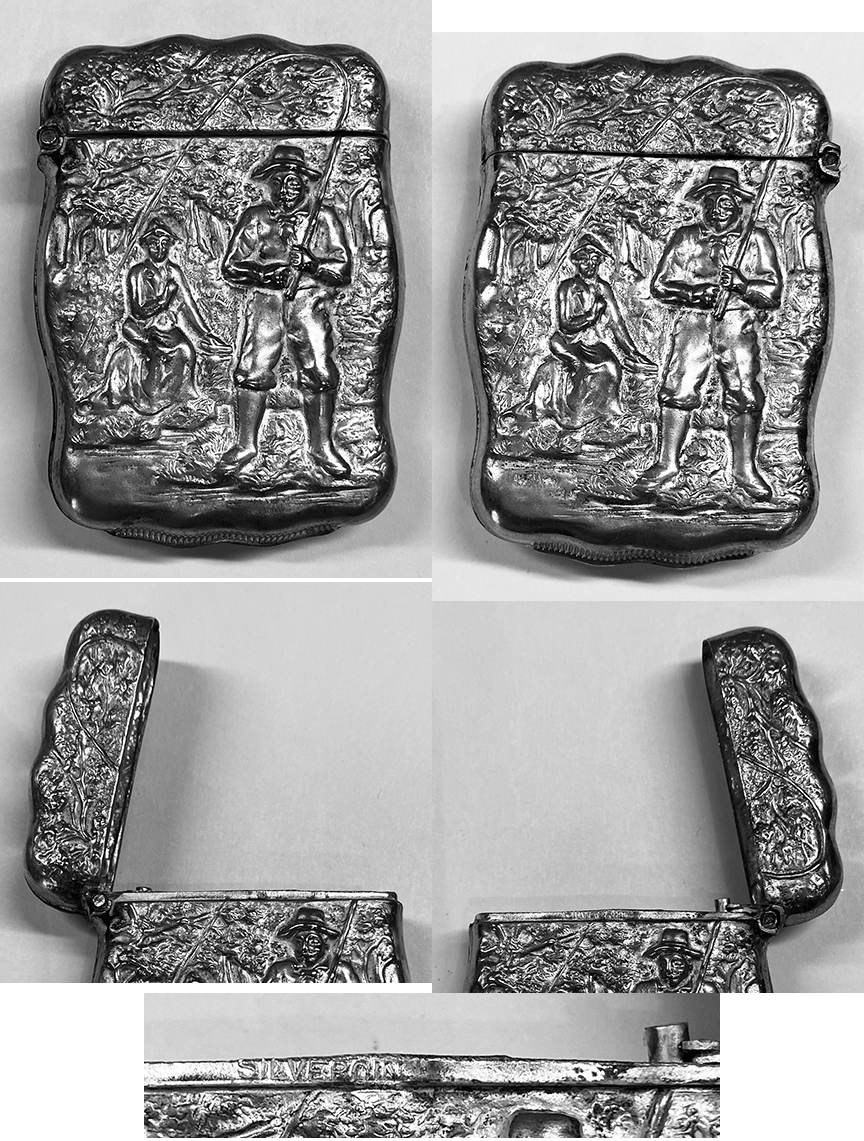 ANTIQUE SILVER FISHING SCENE MATCH SAFE C. 1895