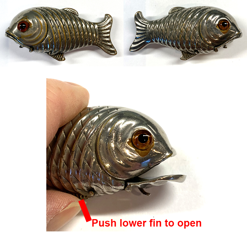 ANTIQUE, C. 1890 FIGURAL, SILVER FISH MATCH SAFE