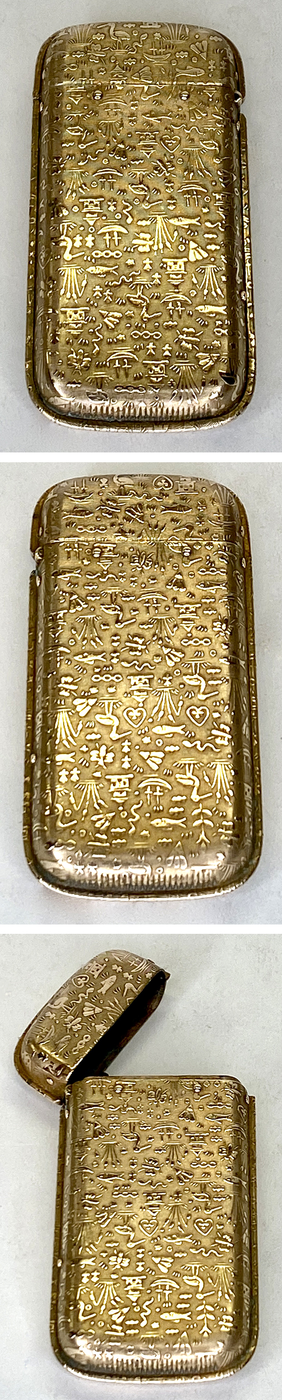 SCARCE MATCH SAFE BRASS FINISH W/HIEROGLYPHICS